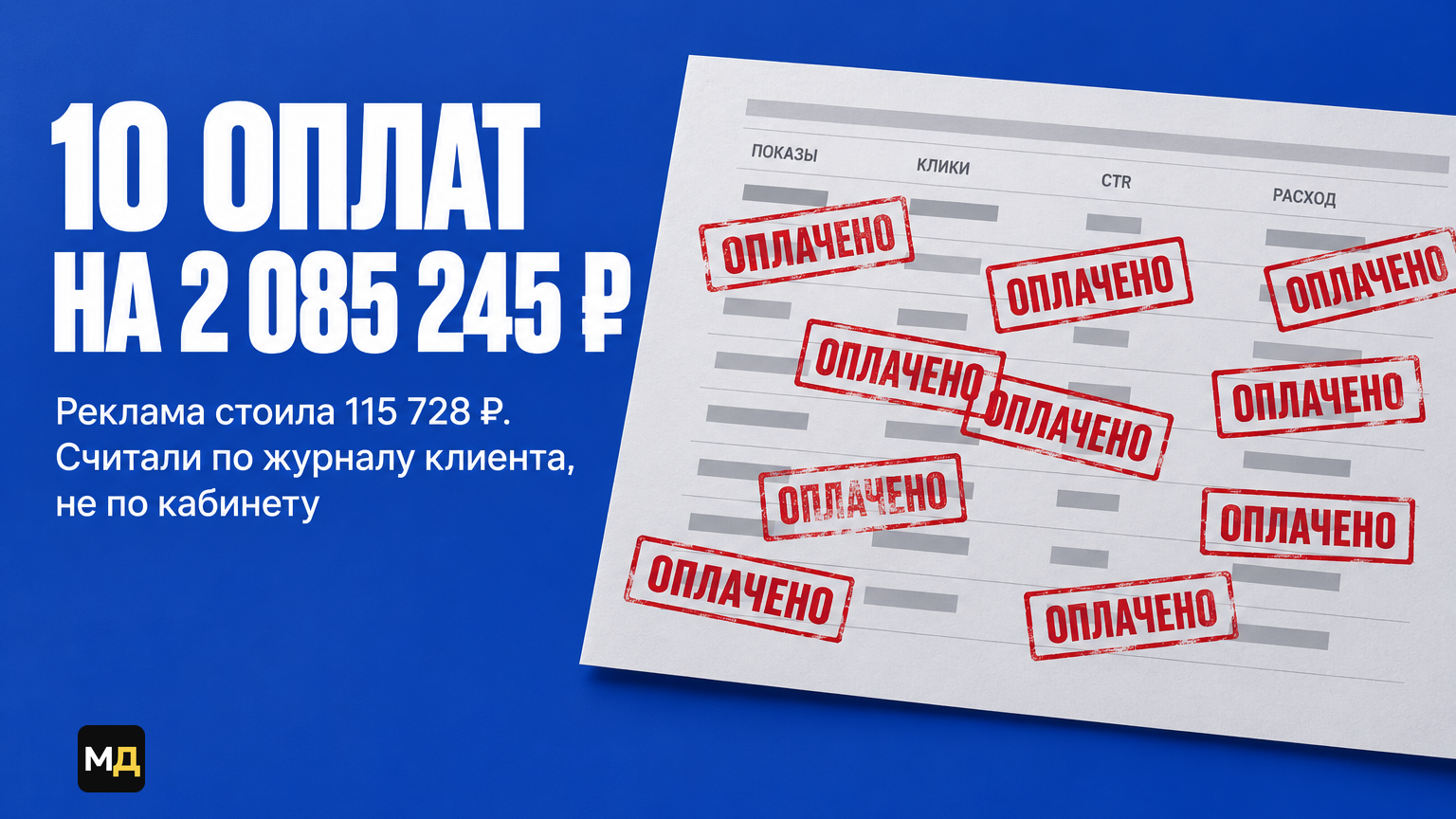 Обложка кейса: семь штампов «Оплачено» на отчёте рекламного кабинета